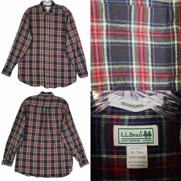 LL Bean Shirt Mens Size MT Medium Tall Black Red Plaid Flannel LS Button Down LS - Picture 1 of 7